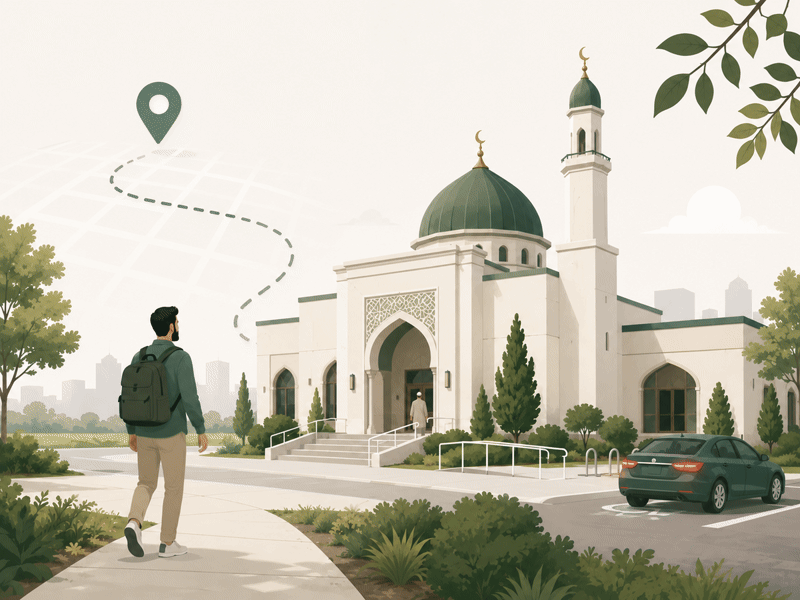 A traveler walking toward a masjid